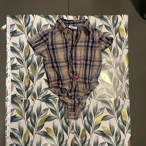 Plaid Button-Up One-Piece Bodysuit in Beige, Navy & Red